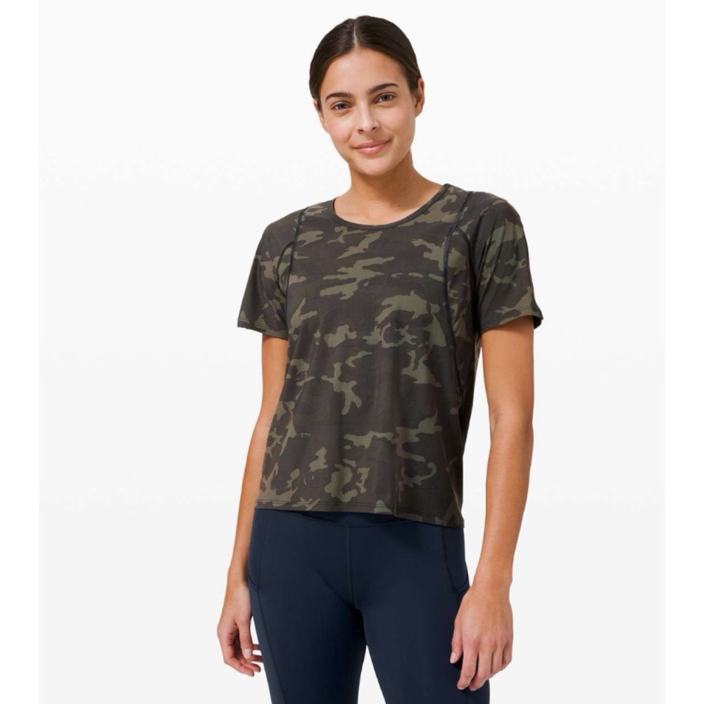 Lululemon Outrun The Heat Short Sleeve Incognito Camo Multi Gator Green 4
